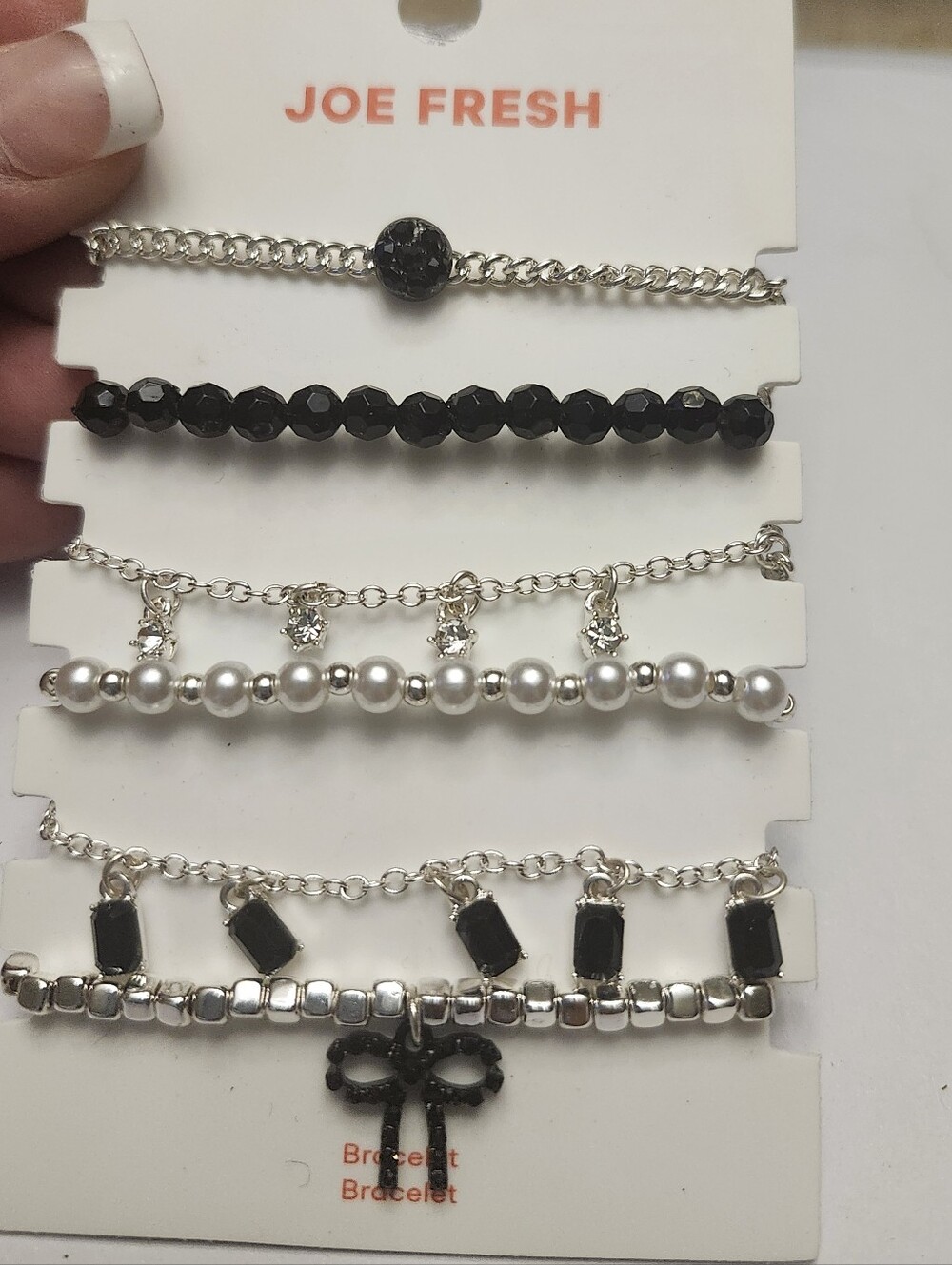 Joe Fresh Black, Silver & Pearl Layered Bracelet Set